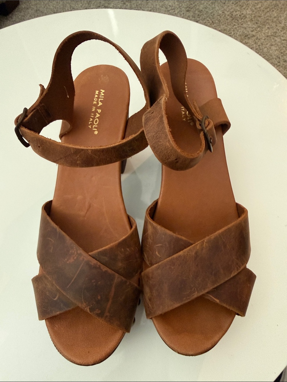 Mila Paola Brown Leather Cross-Strap Ankle Heels